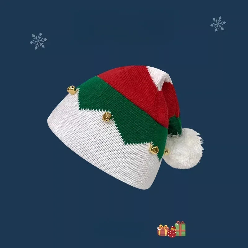 Christmas Knitted Wool Hat For Mother And Kids Red Color-Block Design, With Bells, Festive Christmas Hat For Winter