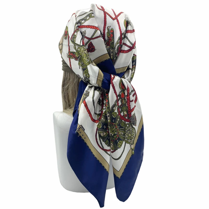 90*90cm Women Square Silk Scarf Luxury Brand Large Shawl Neckerchief Print Headband Female Foulard Bandana Wraps Hijab Scarves
