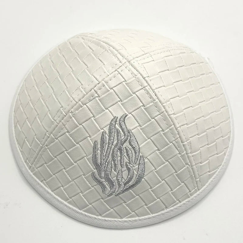Judaical Faux Leather Kippah with Embroidery Of Fire for Men Yamaka Hat Jewish Yarmulke 19cm Giftware