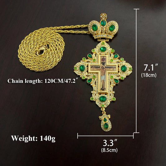 Gold Plated Catholic Orthodox Pectoral Cross with Red Green Gems and Jesus Icon Enamel for Clergy Church Liturgy Devotion Gift