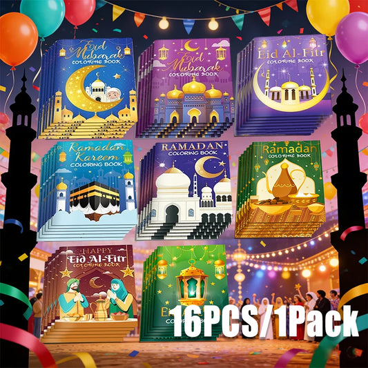 16PCS1Pack Ramadan Coloring Book Set For Kids Eid Mubarak Activity Islamic Doodle Sketchbook Educational DIY Children Gift