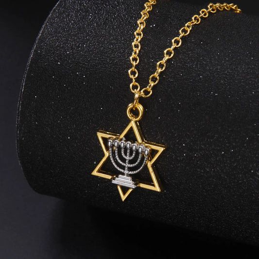 LIKGREAT Star Of David Necklace Menorah Candles Hebrew Jewish Jewelry Israel Faith Lamp Hanukkah Pendant Necklace Amulet Gift
