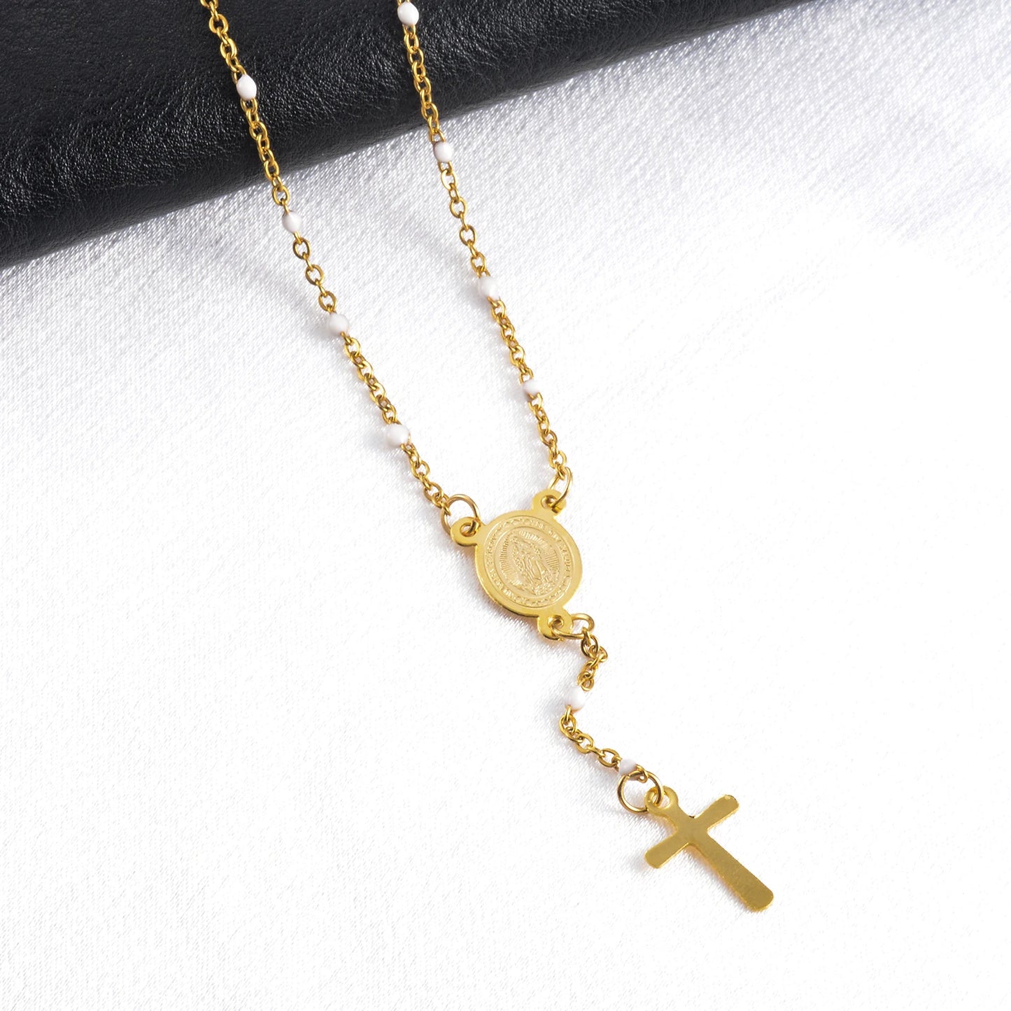 Jesus Stainless Steel Cross Rosary Christian Catholic Religious Width 1.5mm Enamel Satellite Bead Cable Link Chain Necklace