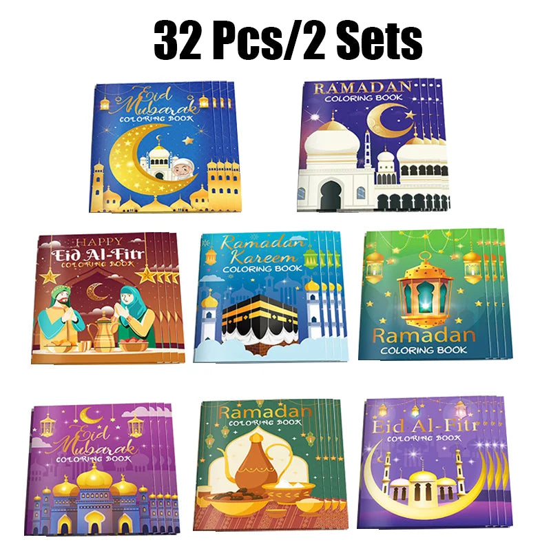 16PCS/1SET Ramadan Eid Mubarak Party Mini Coloring Book for Kids Muslim Festival Graffiti Painting Activity Party Supplies Gift