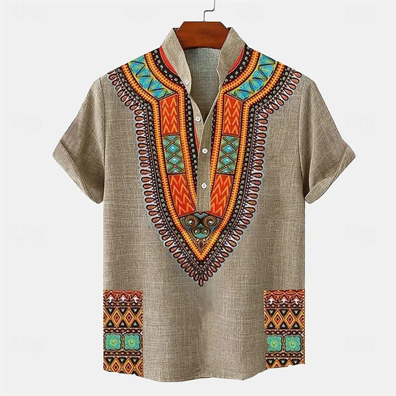 Men's shirt ethnic style 3D printing henley shirt, men's fashion button down collar short sleeve, high quality men's tops