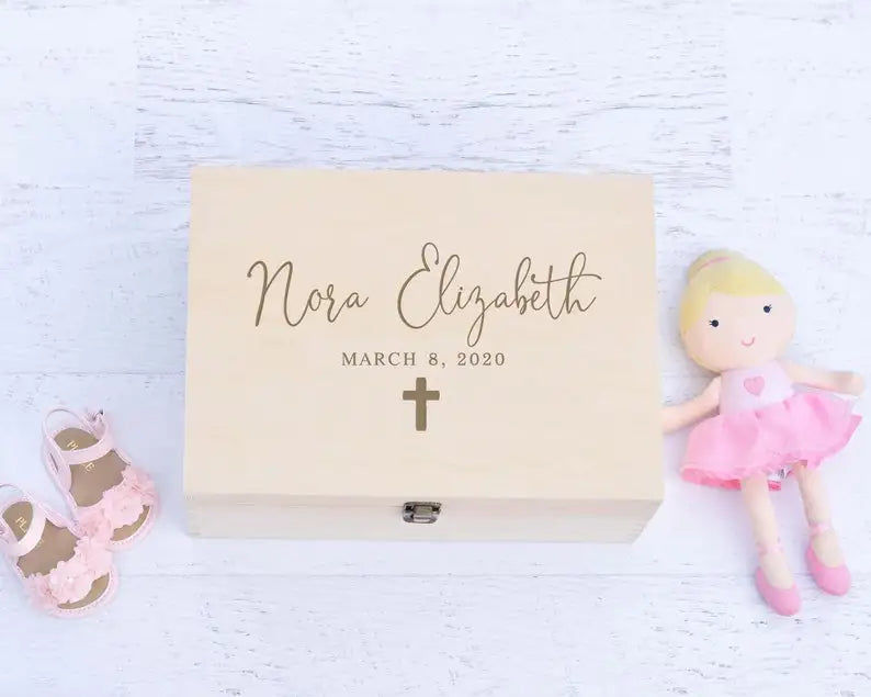 Personalized Wooden Baptism Keepsake Box ,Baptism Gifts For Baby Girl Or Baby Boy, Engraved Memory Box That Pattern With Wreath