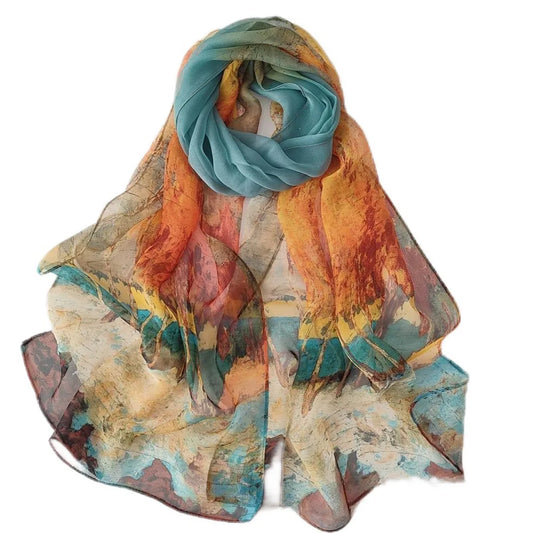 Summer Women Birch Forest Landscape Thin Soft Beach Silky Georgette Scarf Shawls 160cm Long Wraps Beach Sunscreen Hijab