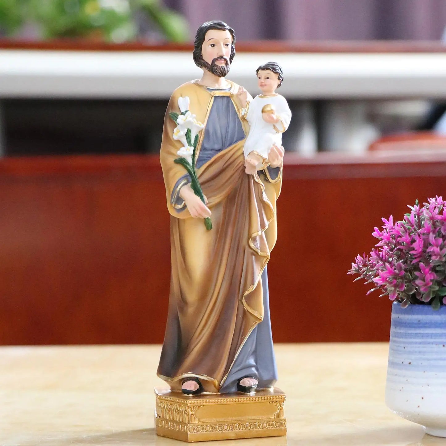 St. Joseph and Child Jesus on Base Heavenly Protectors 20cm Resin and Stone Religious Gift Decoration