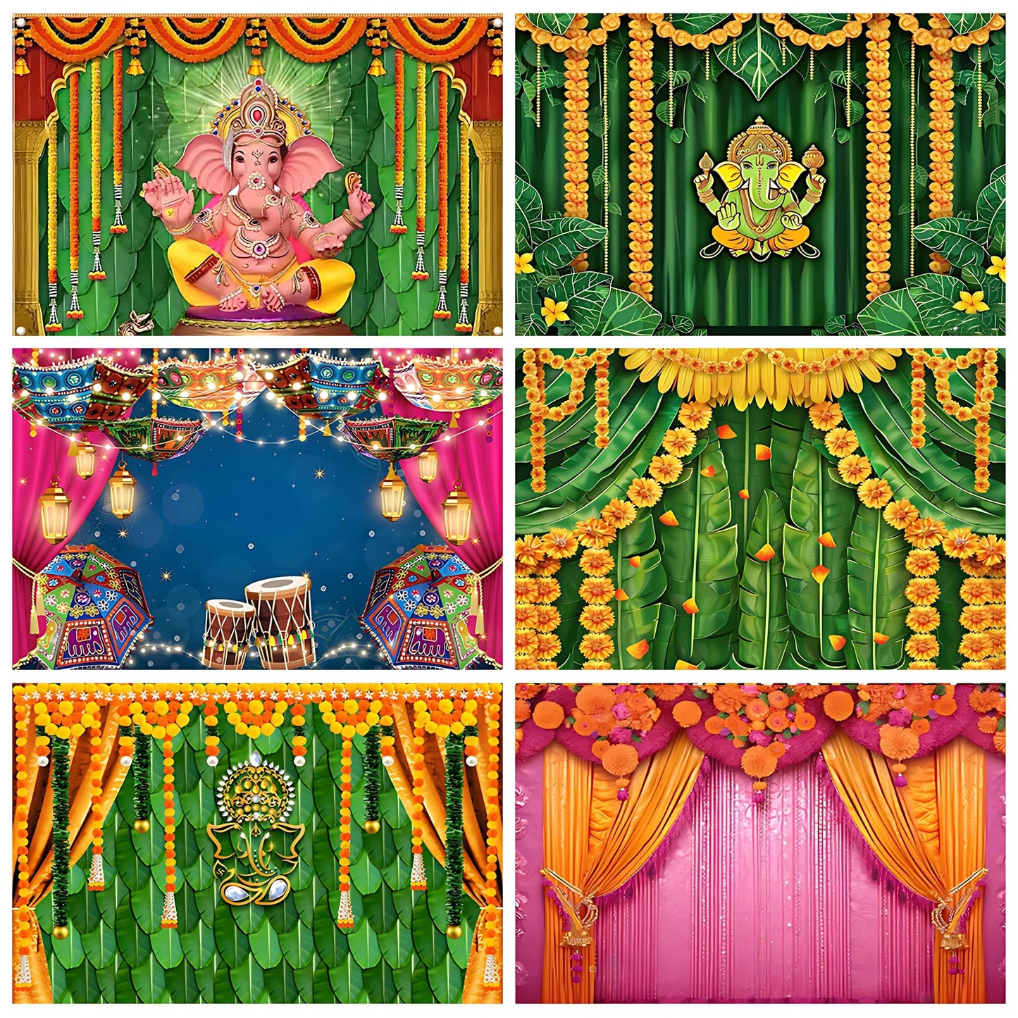Indian Traditional Photography Background Marigold Green Leaf Hindu Indian Wedding Holi Flowers Garland Anniversary Backdrops