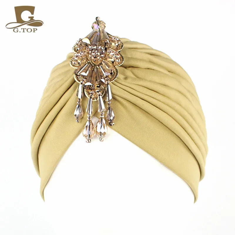 NEW Luxury Divas Stretchable turban Head wrap hat with beaded pendant women Headwear
