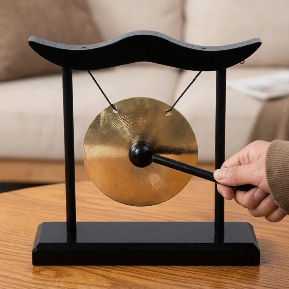 Retro Relaxation Desktop Gong Fortune Creative Copper Bell High Volume Wood Frame Feng Shui Metal Cymbals House Warming