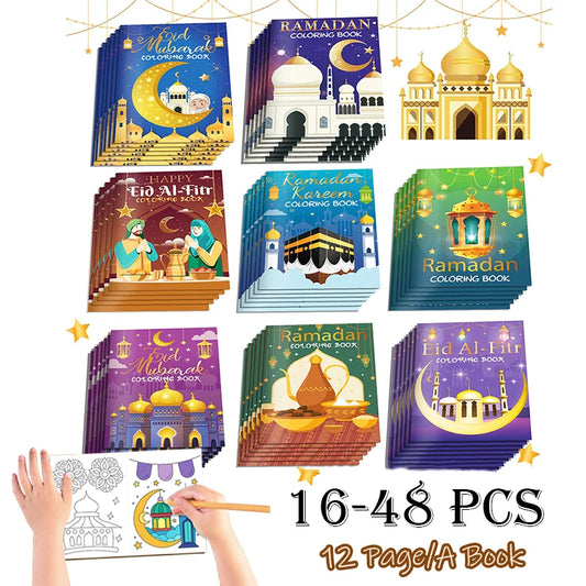 16PCS/1Pack Ramadan Mubarak Coloring Book Islamic Doodle Activity For Kids DIY Educational Gift Eid Sketchbook Coloring Book
