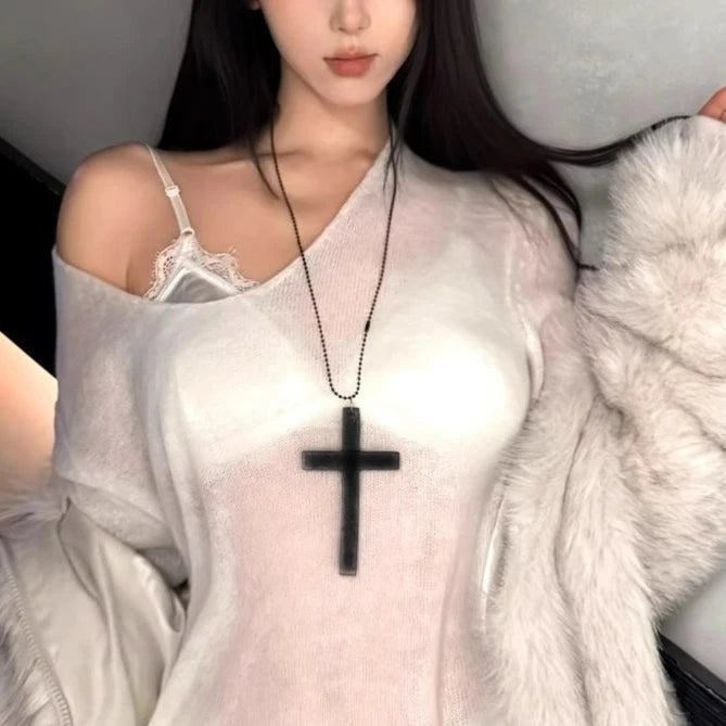 Y2K Wood Cross Pendant Necklace for Women Men Vintage Cool Spicy Girls Hip Hop Fashion Necklace Party Jewelry Accessories Gift