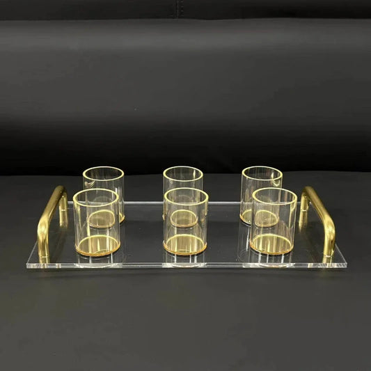 Judaica Clear Acrylic Tray and Six Cups with Gold Handles For L'chaim Shabbat Kiddush Jewish Family Table Decoration