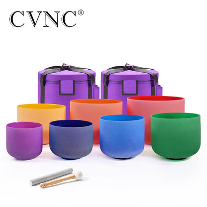 CVNC 6-12 Inch Colored Frosted Quartz Crystal Singing Bowls 7 chakra set for sound healing instrument with Bag