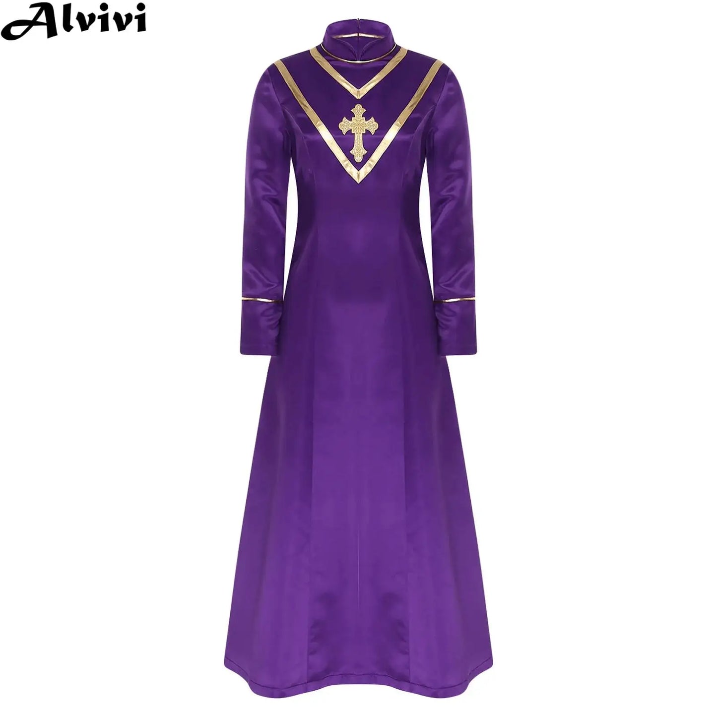 Women Pastor Robe Cassocks Long Sleeve Cross Print Priest Vestment Church Choir Gown Halloween Catholic Clergy Cosplay Costume