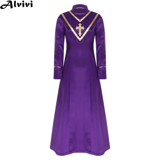 Women Pastor Robe Cassocks Long Sleeve Cross Print Priest Vestment Church Choir Gown Halloween Catholic Clergy Cosplay Costume
