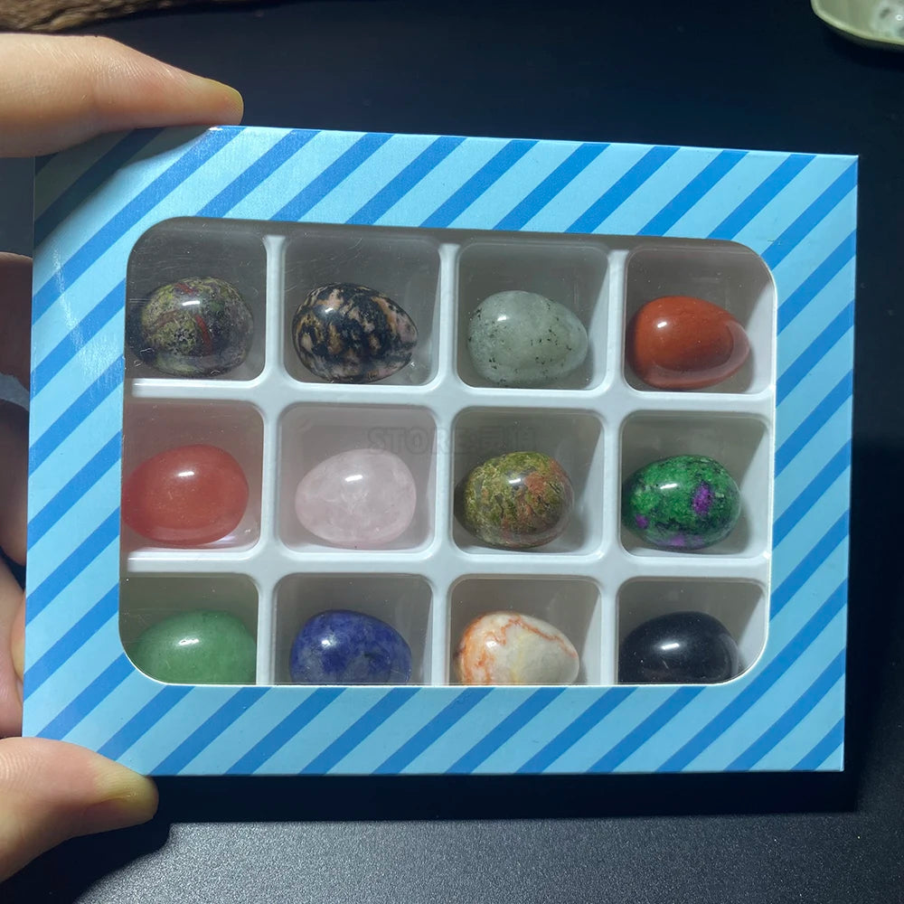 EG2 12Pcs Mini Natural Stone Egg Set, Small Polished Egg Shaped Stone for Meditation Stress Relief Palm Desk Decor Gift