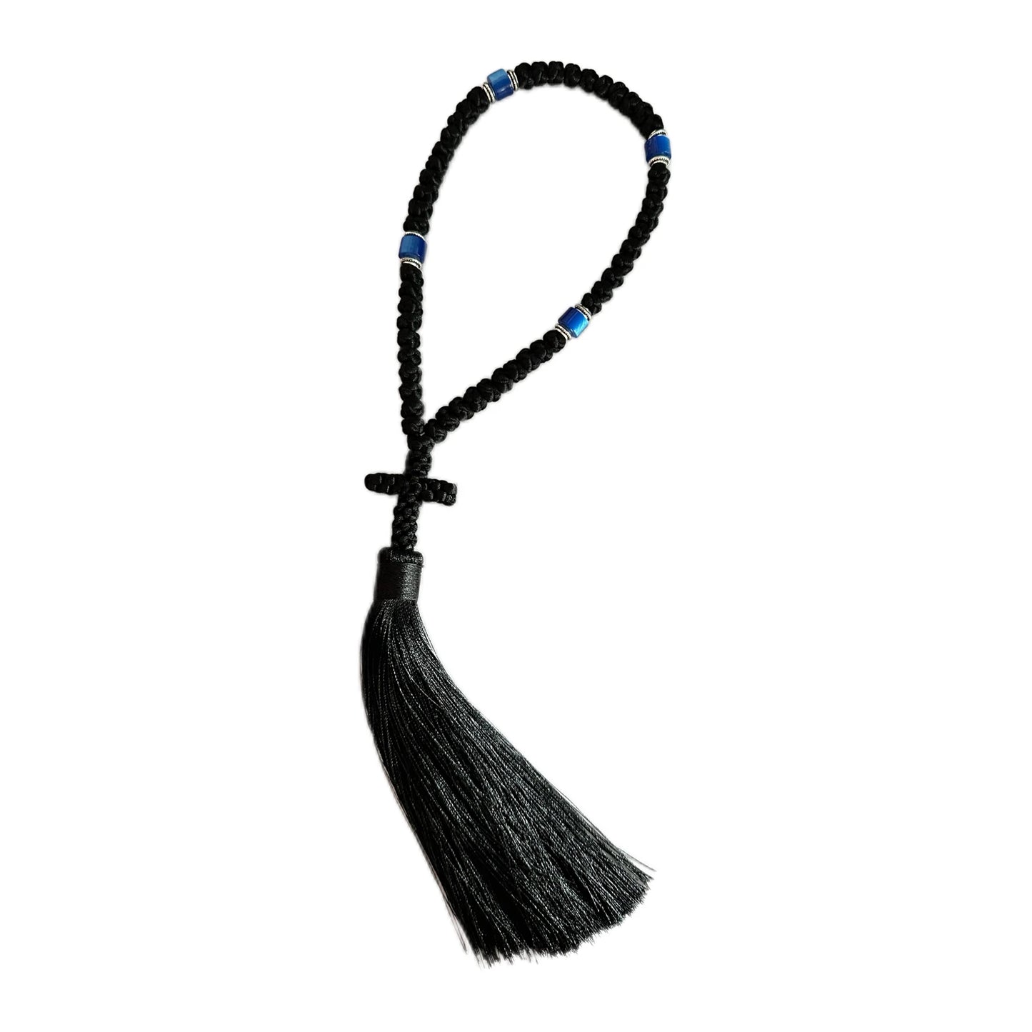 Handmade 50 knot Black Chotki Christian Orthodox Prayer Rope, Blue Greek Omboskoini Protection Blessing Cross Greek Car Hanging