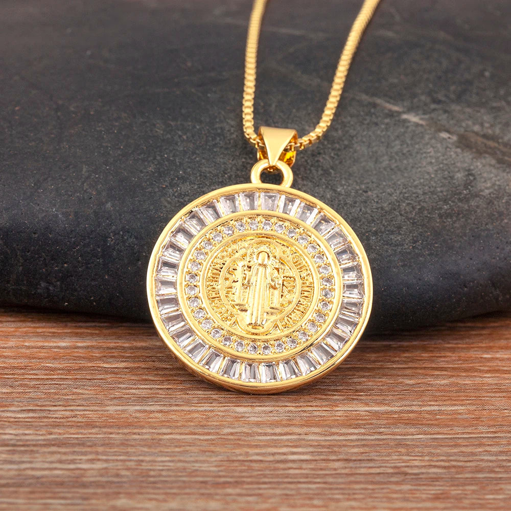 Nidin New Retro Oval/Round Shape Religious Style Zircon Flip Pendant Necklace For Female Male Lovers Photos Jewelry Accessories