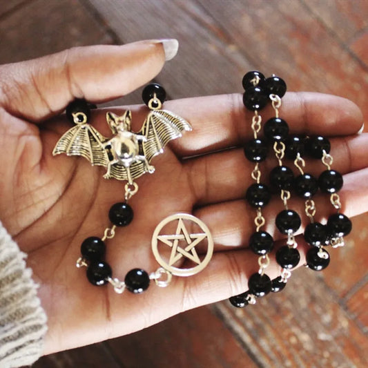 Fashion Black Rosary Necklace, Gothic Bat Pendant Necklace, Bat Five Pointed Star Necklace, Witch Jewelry, Halloween Party Gifts