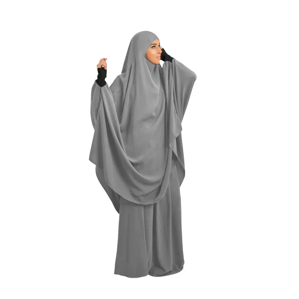 2 Piece Ramadan Khimar Muslim Women Prayer Set Dress Full Cover Islamic Burka Hooded Arab Gowns Umrah Eid Abaya Worship Service