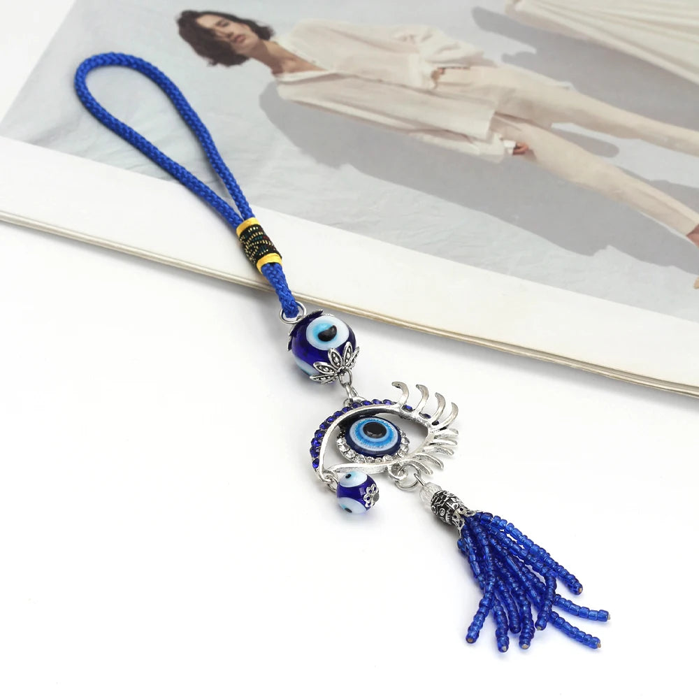 Lucky Eye Alloy Turkish Evil Eye Wall Hanging Glass Bead Rope Chain Tassel Keychain for Women Men llavero porte clé מחזיק מפתחות
