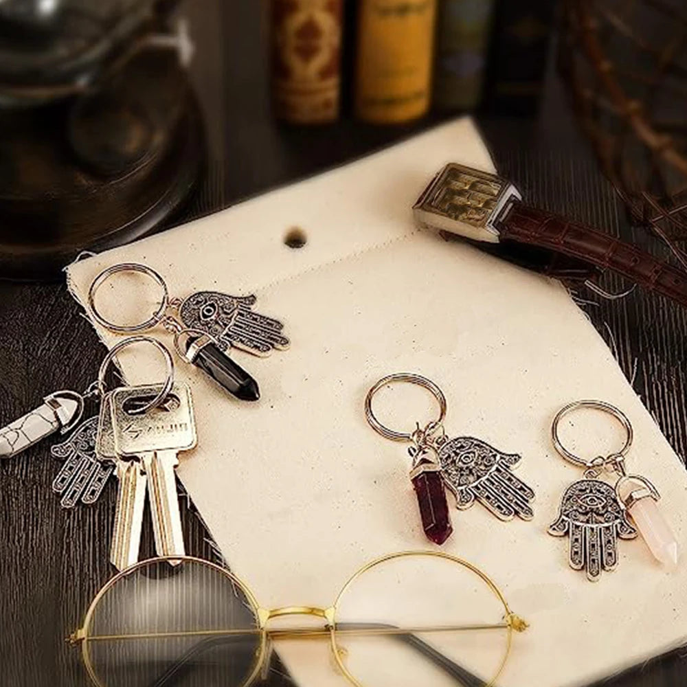 1Pc Natural Stone Crystal Points Keychain with Hamsa Hand Evil Eye Charms Reiki Energy Good Luck Amulet for DIY Jewelry Making