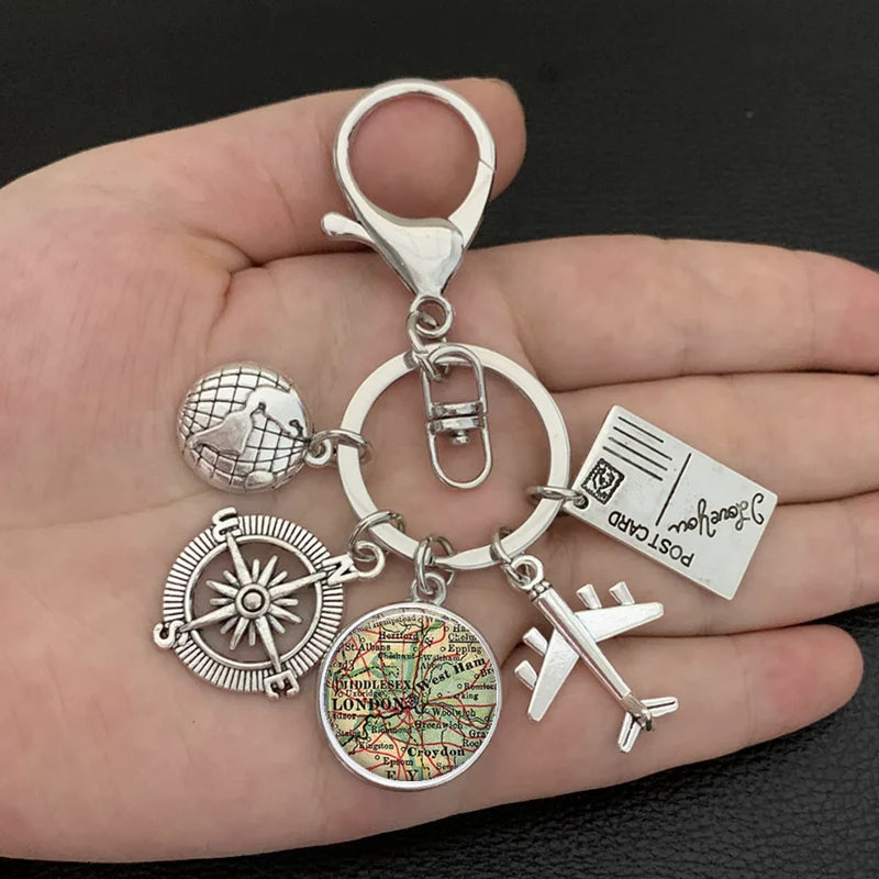 New ideas Earth plane keychain pendant earth compass personality memorial key ring gift for travel lovers