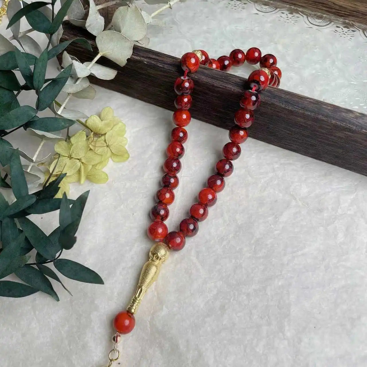 10mm Large Flower Beads 33pcs Glass Prayer Beads Muslim Tasbih Golden Tassel Handmade Rhombus Shape Retro Style Jewelry