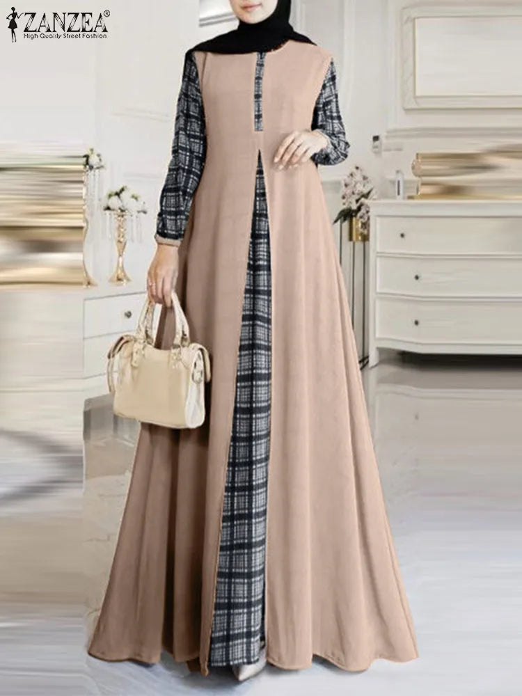 2024 ZANZEA Autumn Long Sleeve Plaid Checked Muslim Sundress Women Patchwork Maxi Dress Robe Femme Eid Mubarek Hijab Vestido