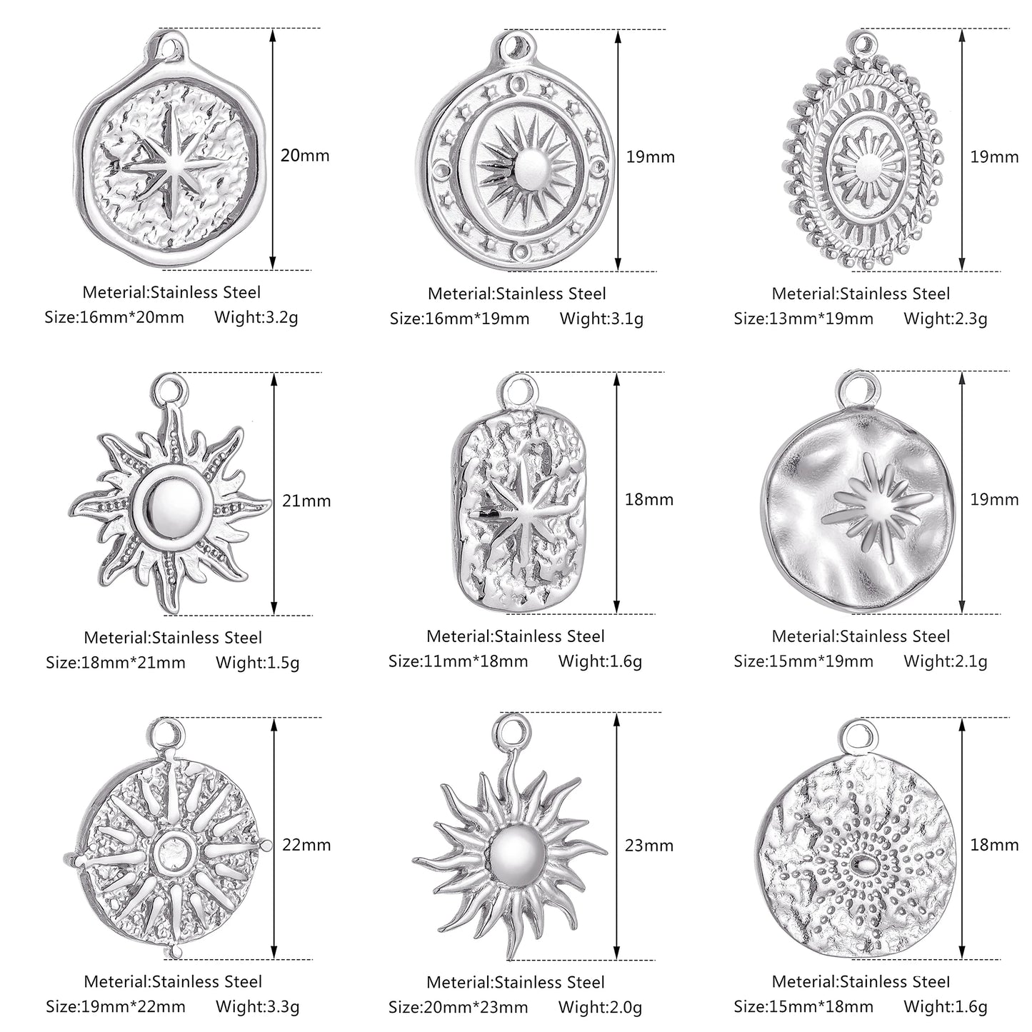 3pcs/Lot Stainless Steel Casting Sunburst Sun Moon Star Charms Pendant For DIY Necklace Bracelet Earrings Jewelry Accessories