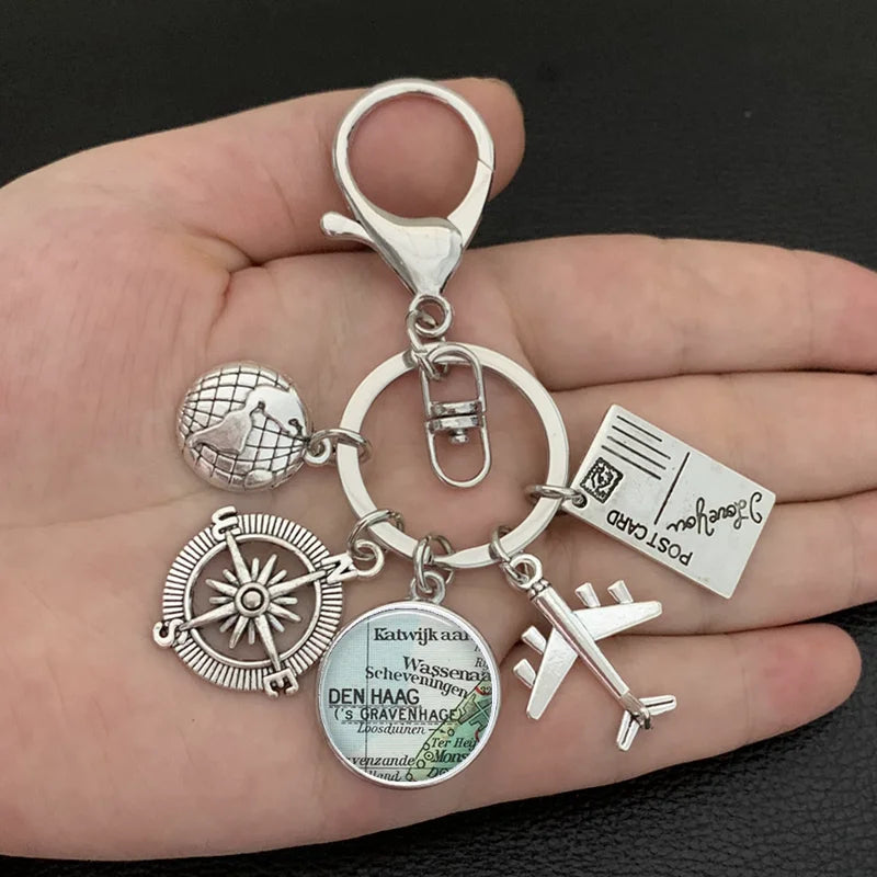 New ideas Earth plane keychain pendant earth compass personality memorial key ring gift for travel lovers