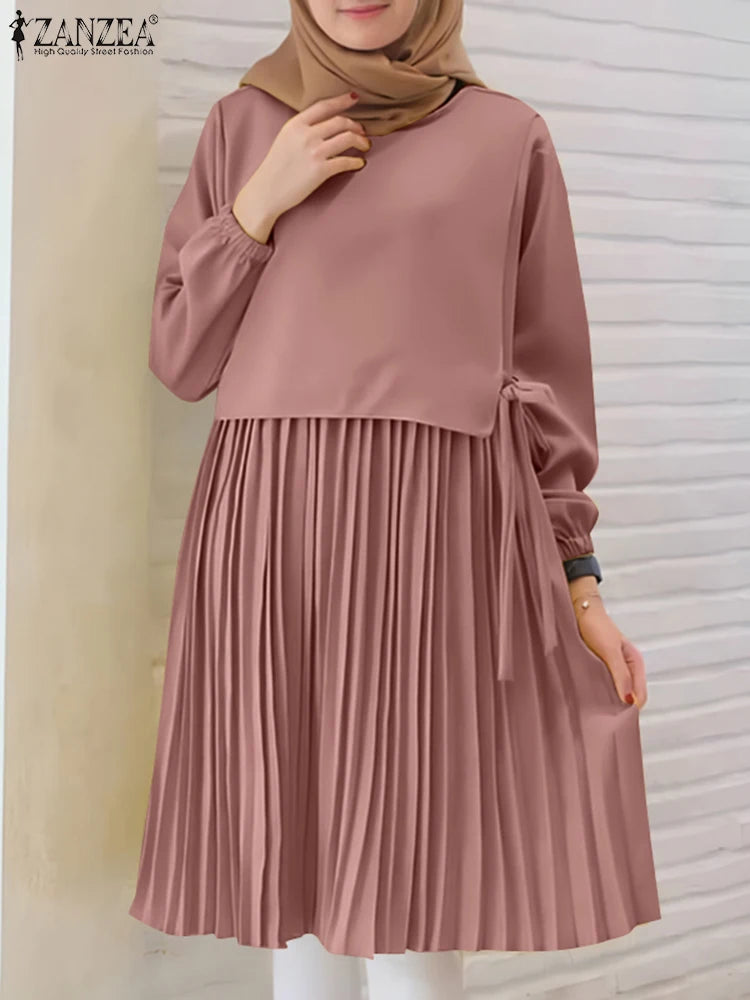 ZANZEA Women Chic Long Tops Islamic Muslim Fashion Hijab O-Neck Wrapped Pleated Hem Blouses Modest Tied Long Sleeve Solid Tunics
