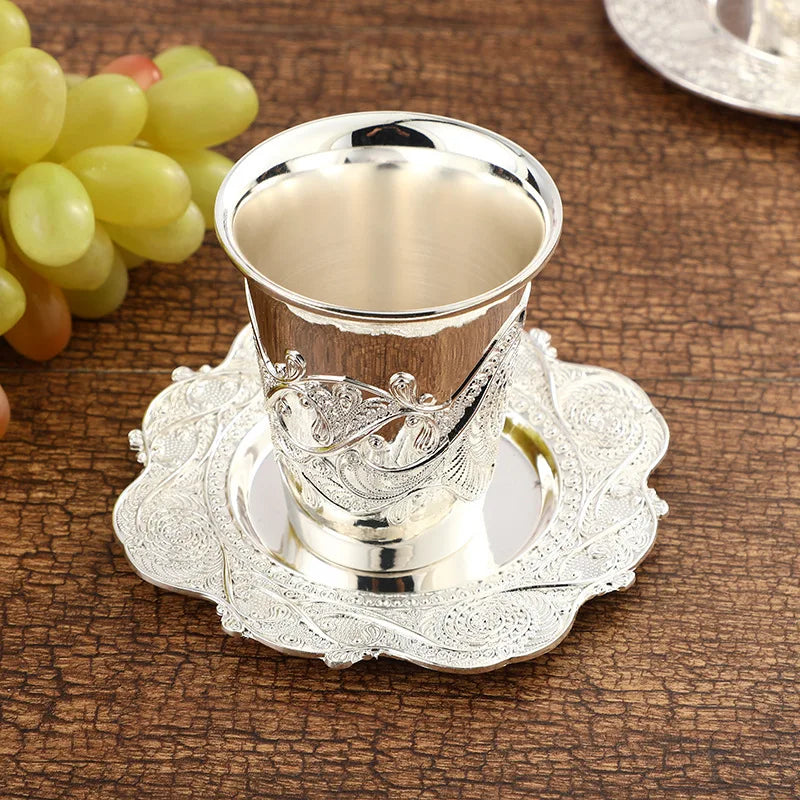Silver Plated Kiddush Cup Nickel Plated Wine Cup with Saucer Judaica Shabbos Wine Cup Passover for Shabbat Havdalah Holiday Gift