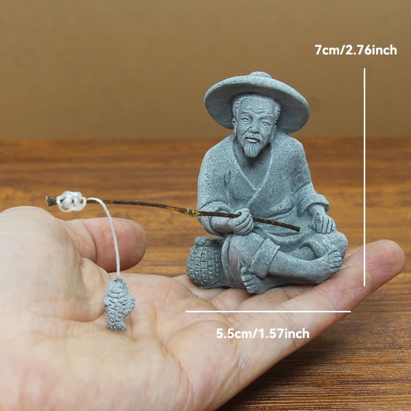 Miniature Zen Fisherman Play Chess Elder Sand Stones Figurine Garden Bonsai Rockery Aquariums Ornaments Lanscape Room Decoration