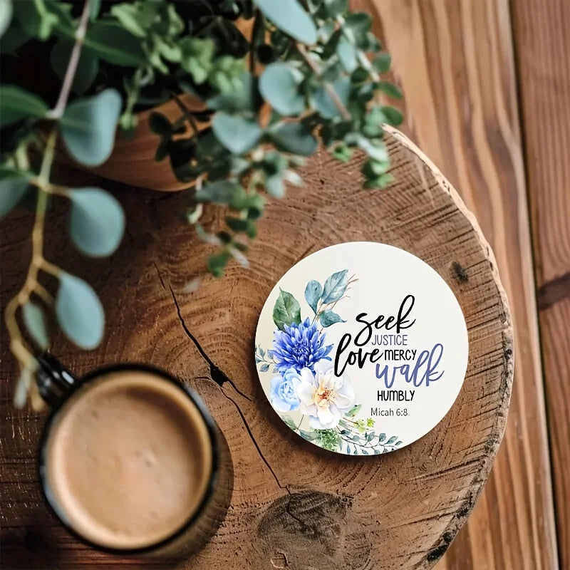 6 pcs 2D 4in Wooden Coasters Bible Verses and Floral Patterns Theme Desktop Insulation Mats Home Decor Coffee Mug Coasters