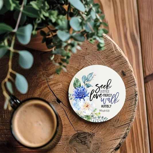 6 pcs 2D 4in Wooden Coasters Bible Verses and Floral Patterns Theme Desktop Insulation Mats Home Decor Coffee Mug Coasters