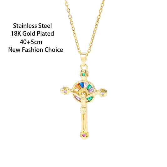 New 18K Gold Plated Retro Style Colorful Zircon Crystal Cross Pendant Necklaces For Women Vintage Punk Female Neck Chain Jewelry