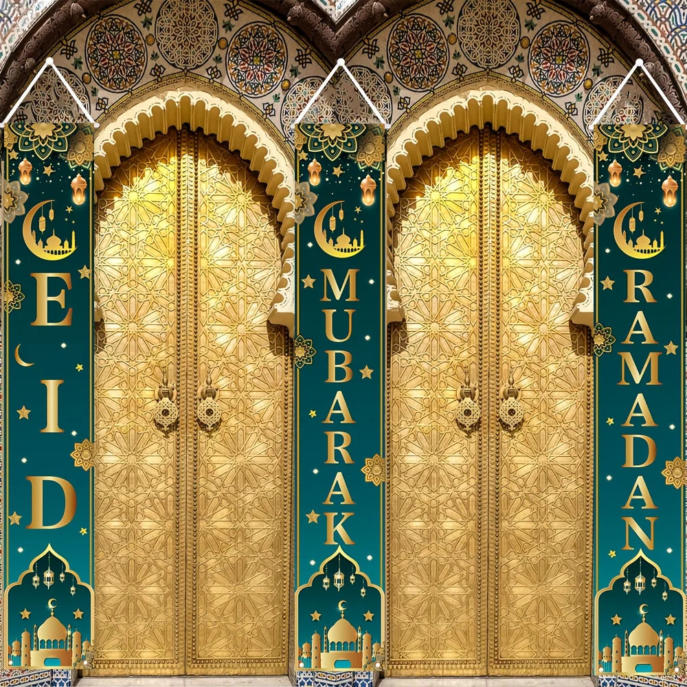 3pcs Eid Al-Fitr Celebration Porch Banner Set Durable Polyester Flags with Moon Star Castle Design  for Ramadan Home Decor