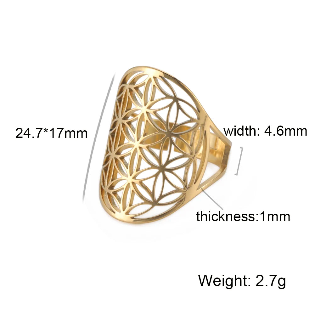Unift Sacred Geometry Flower of Life Ring Adjustable Stainless Steel Ring Men Women Accessories Vintage Filigree Jewelry Gifts