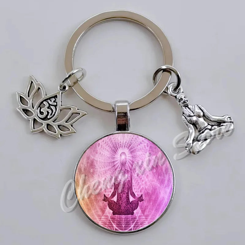 Indian Buddha Meditation 7 Chakra Mandala Psychedelic Yoga Glass Cabochon Keychain Ornament