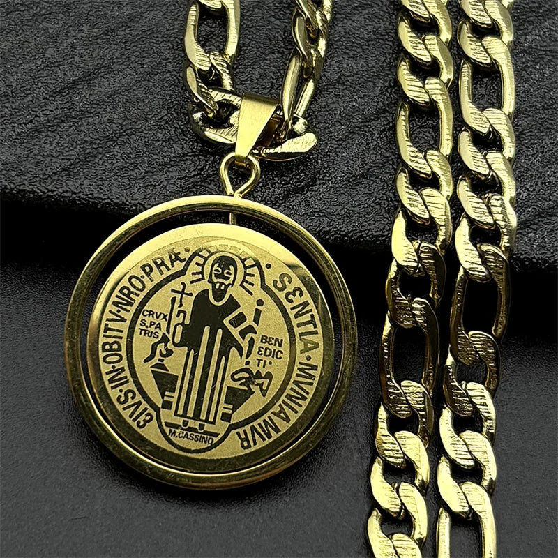 Colorful Crystal Saint Benedict Medal Necklace Women Men Stainless Steel Gold Color Chain Necklaces Jewelry San Benito N8391S05