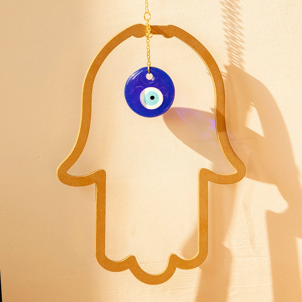 Wood Hamsa Hand Evil Eye Wall Hanging Ornament Turkish Blue Eye Amulet Protection Good Luck Room Home Blessing Hamsa Decor Gift