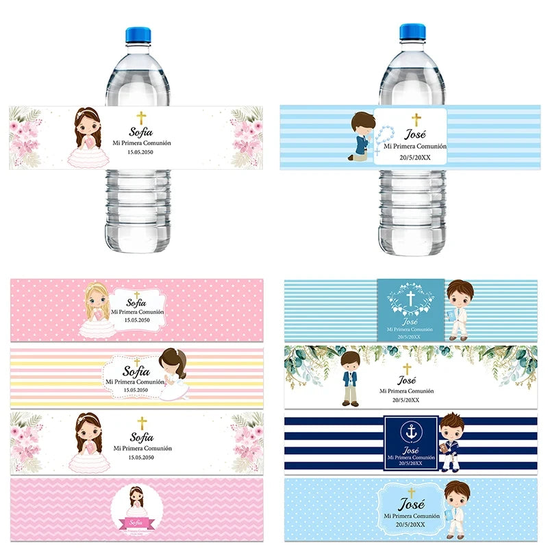 Custom Boys Girls Mi Primera Comunión Decor Water Bottle Labels Stickers Christening Baptism Communion