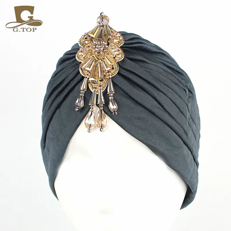 NEW Luxury Divas Stretchable turban Head wrap hat with beaded pendant women Headwear