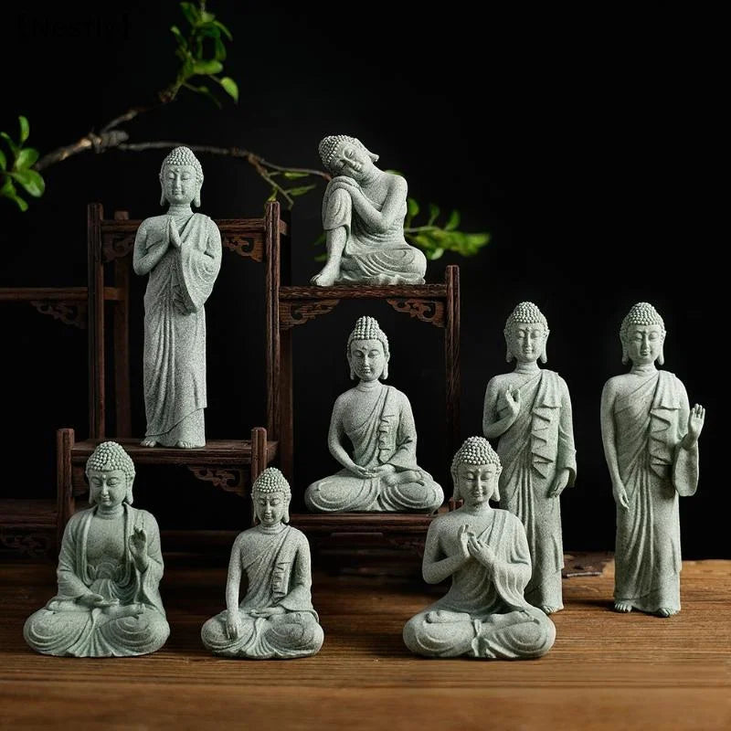 1Pcs Mini Buddhism Figurine Desk Decor Zen Statue Green Sandstone Thailand Ornament Buddha Garden Statue Fish Tank Decor〔Nest〕