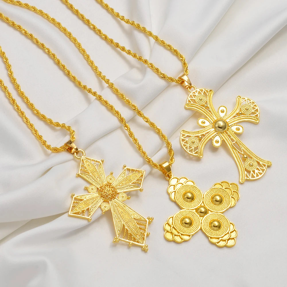 Anniyo Ethiopian Cross Pendant Necklaces for Women Girls Gold Color Habesha Eritrean African Ethnic Traditional Jewelry #346106