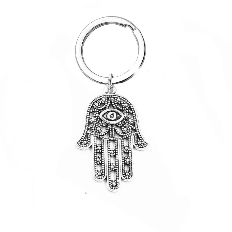 1Pc Natural Stone Crystal Points Keychain with Hamsa Hand Evil Eye Charms Reiki Energy Good Luck Amulet for DIY Jewelry Making
