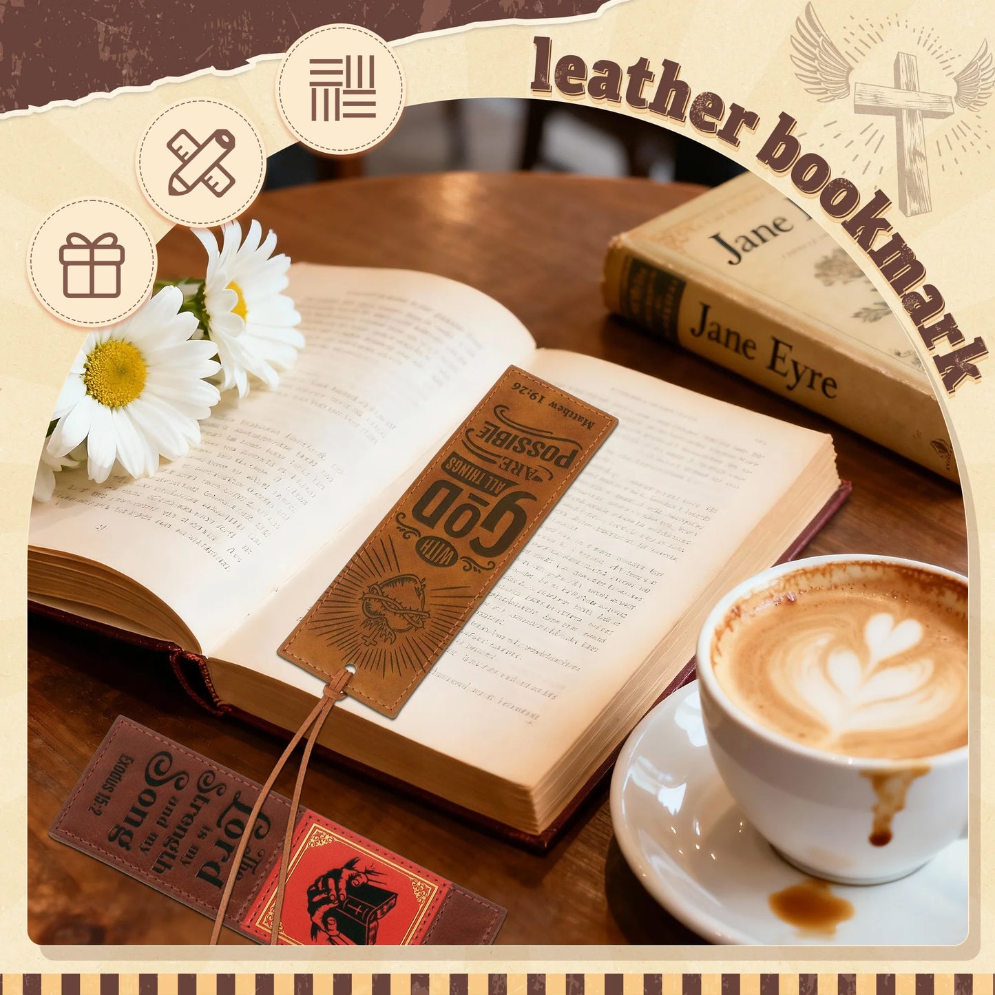 4PCS Inspirational Bible Verse PU Leather Bookmarks for Religious Book Lovers，Readers, Unisex, Teachers, Church, Sunday School